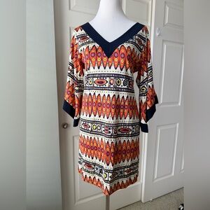 Trina Turk Dress Size 2 Navy Orange Flair Sleeves